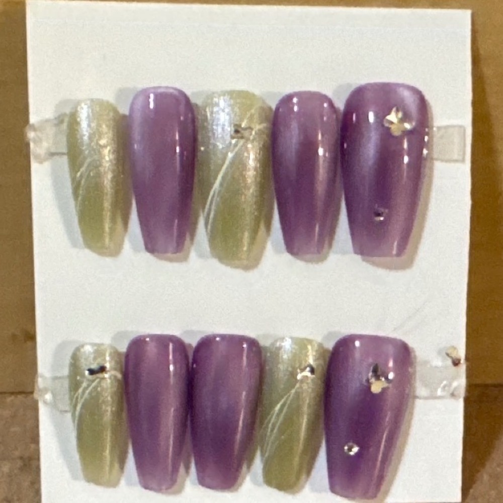 Purple Gold Cat Eye Press On Nails Long Coffin Butterfly Rhinestone 10pc Set